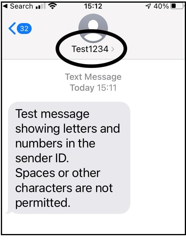 SMS sender ID showing numbers and letters