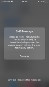 Screen showing how a flash SMS displays on a mobile
