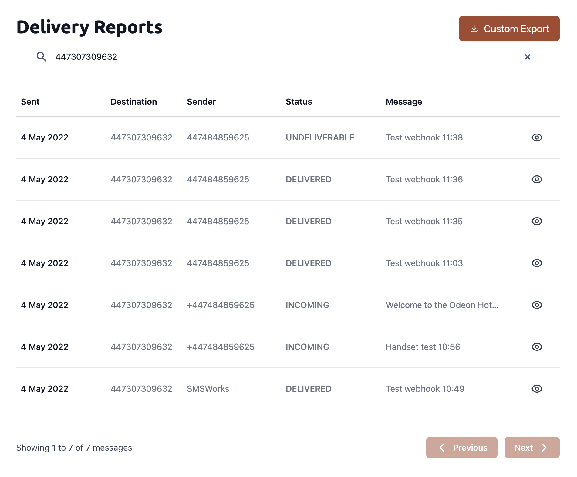 Incoming SMS delivery reports